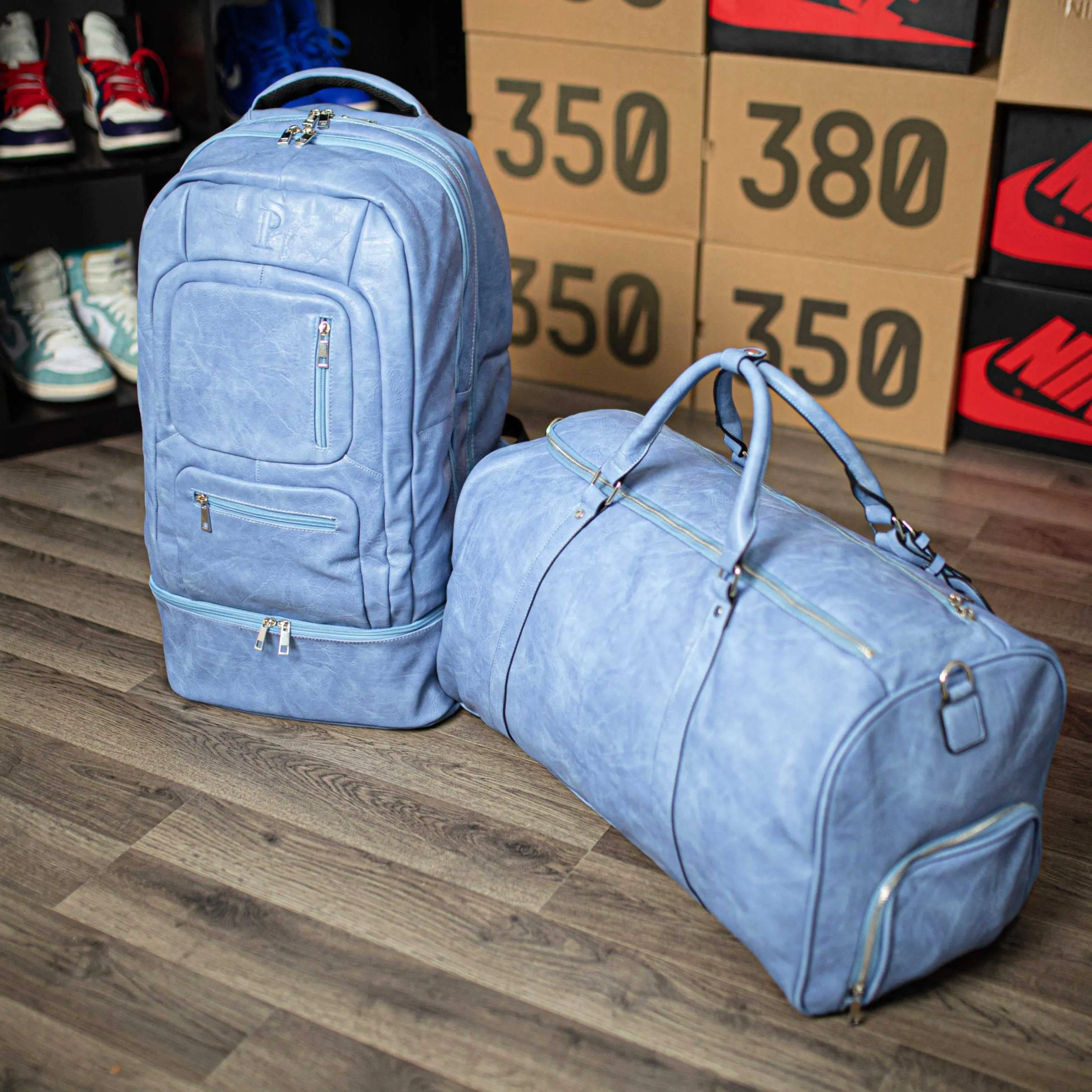 Baby Blue Tumbled Leather Signature Bag Set (Signature and Duffle Bag)