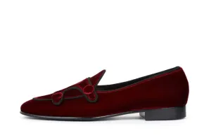 Burgundy Belgina Loafer Velvet Shoes, Double Monk Style Men Party Shoes