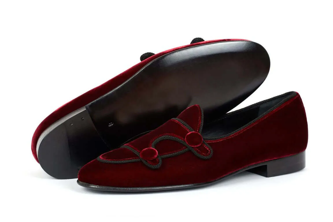 Burgundy Belgina Loafer Velvet Shoes, Double Monk Style Men Party Shoes