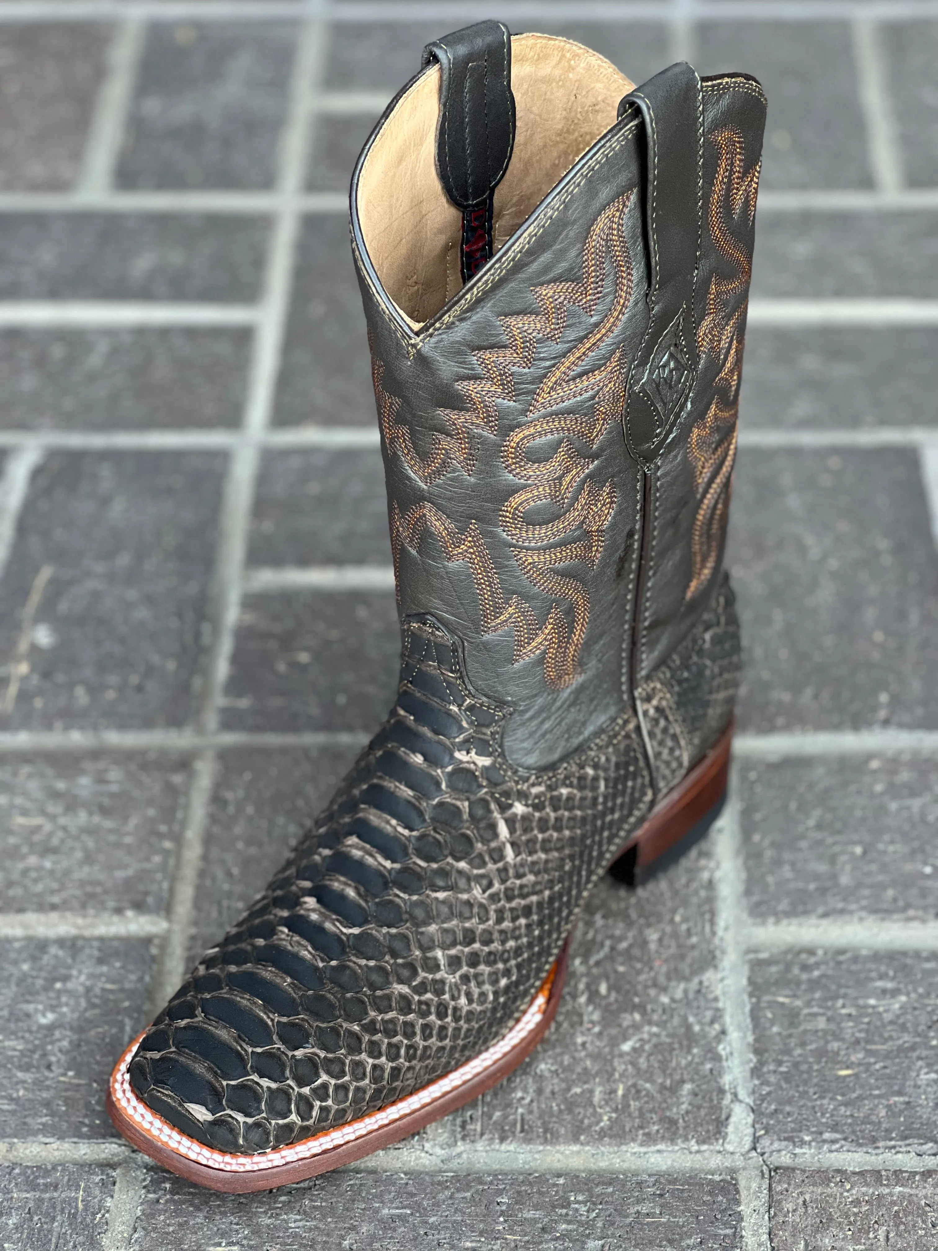 Dark Brown Finish Python Wide Square Toe Cowboy Boots