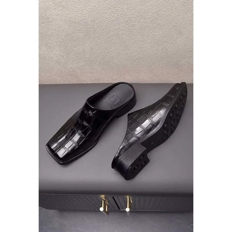 Elegant Embossed Genuine Leather Business Slippers