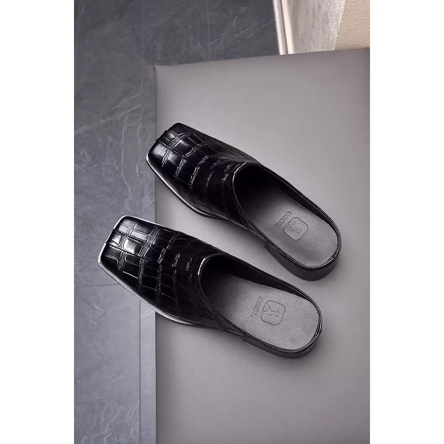 Elegant Embossed Genuine Leather Business Slippers