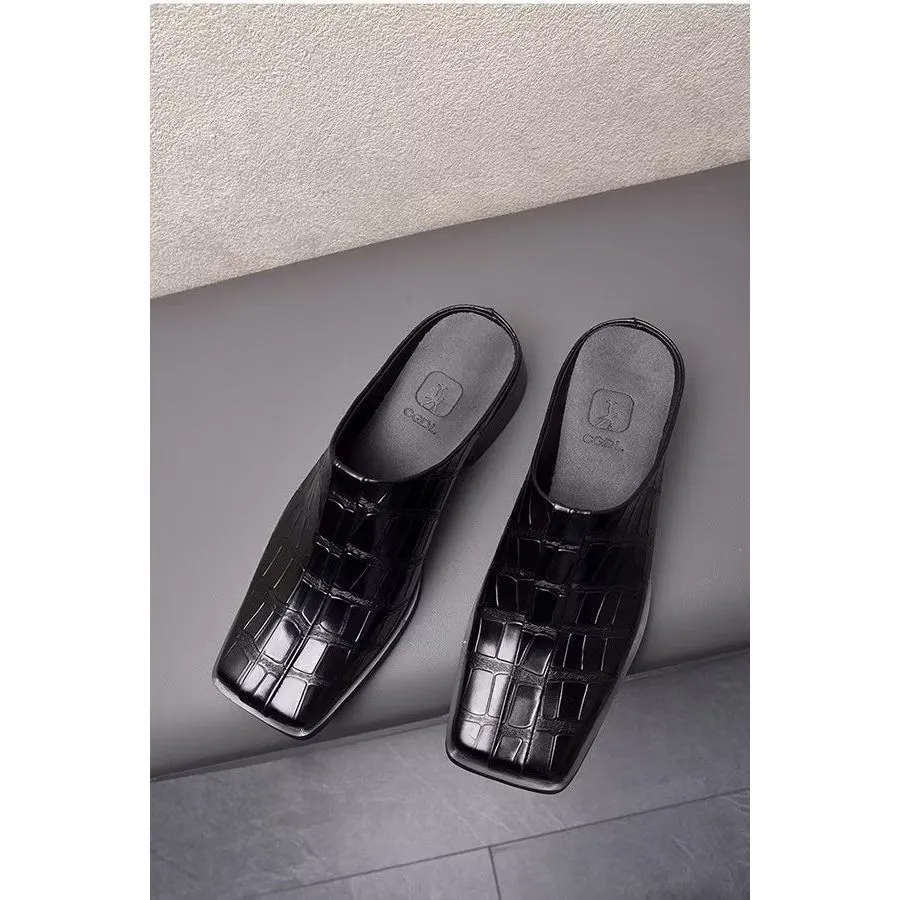 Elegant Embossed Genuine Leather Business Slippers