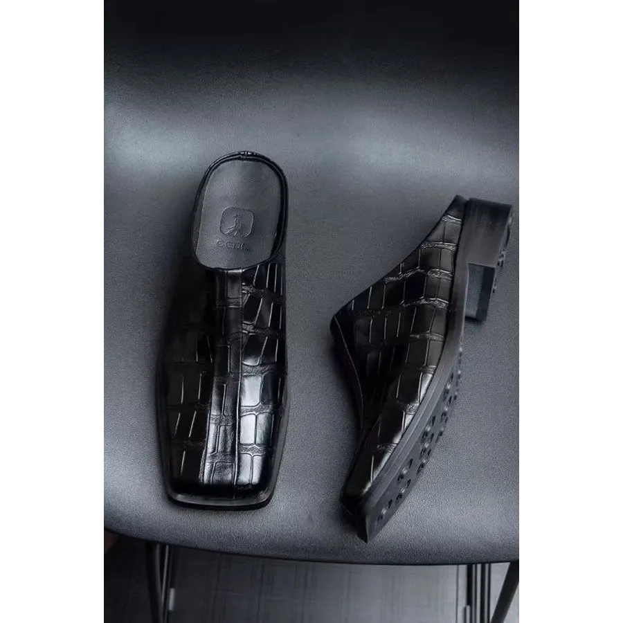 Elegant Embossed Genuine Leather Business Slippers