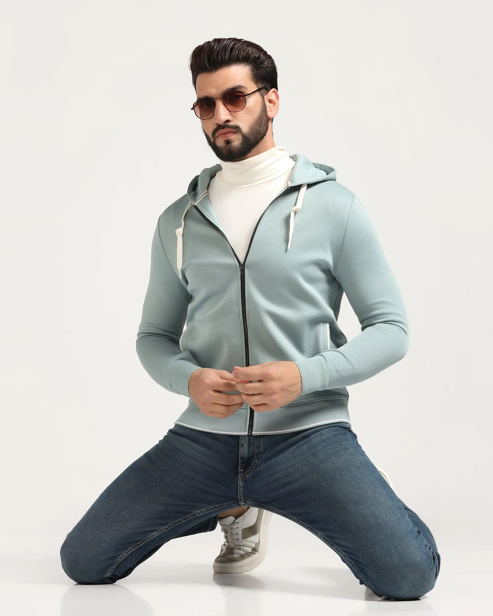 Hoodie Mint Green Solid Sweatshirt - Morgo