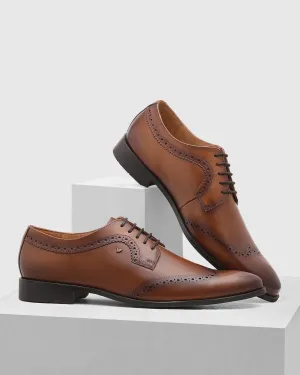 Leather Tan Solid Derby Shoes - Qoet