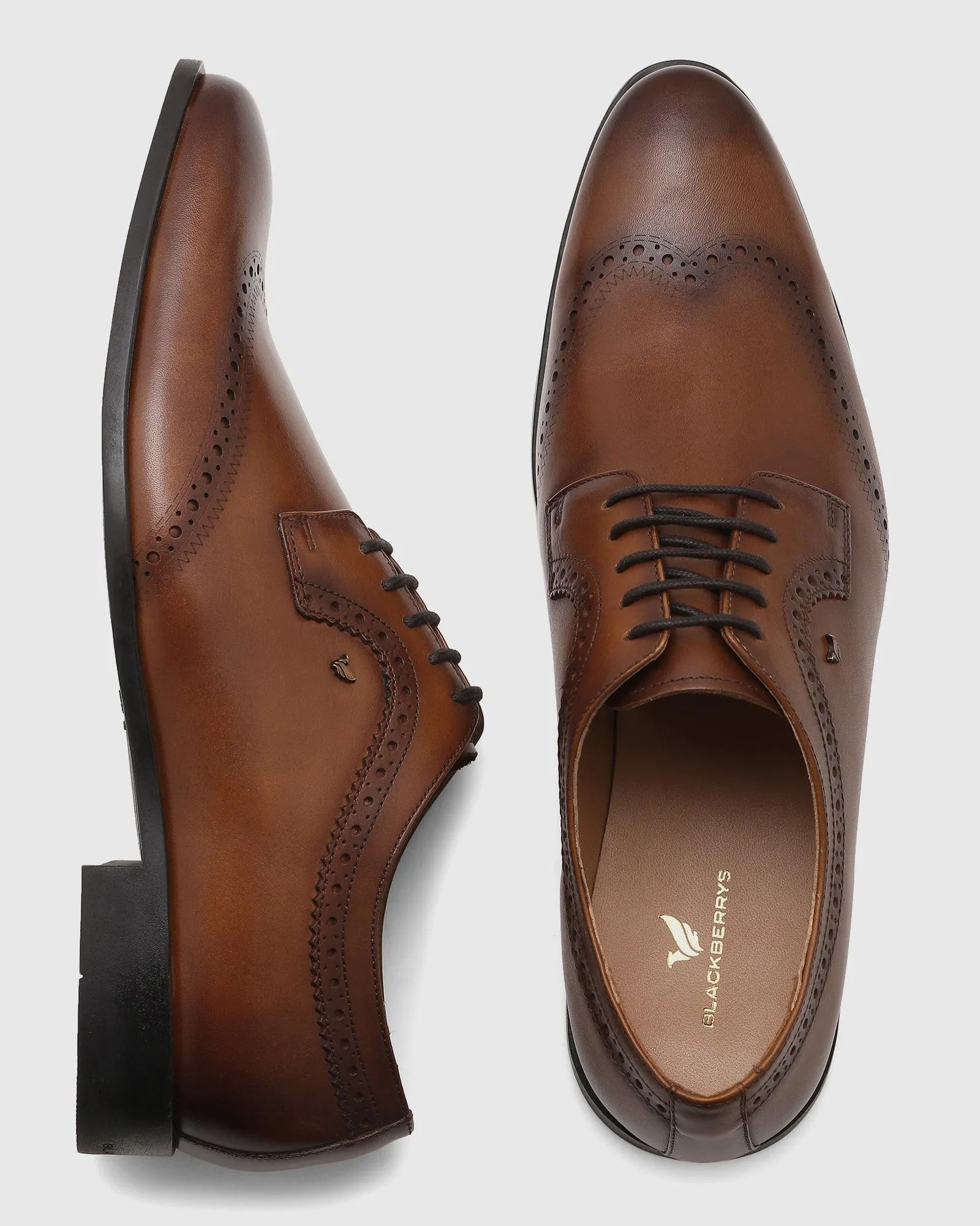 Leather Tan Solid Derby Shoes - Qoet