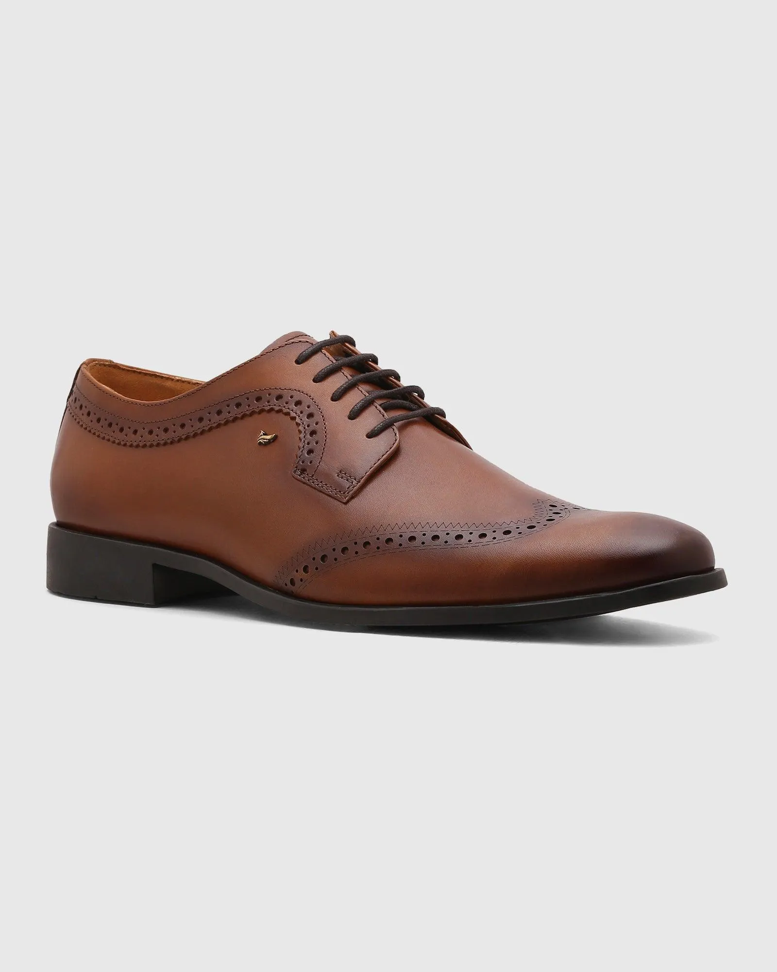 Leather Tan Solid Derby Shoes - Qoet