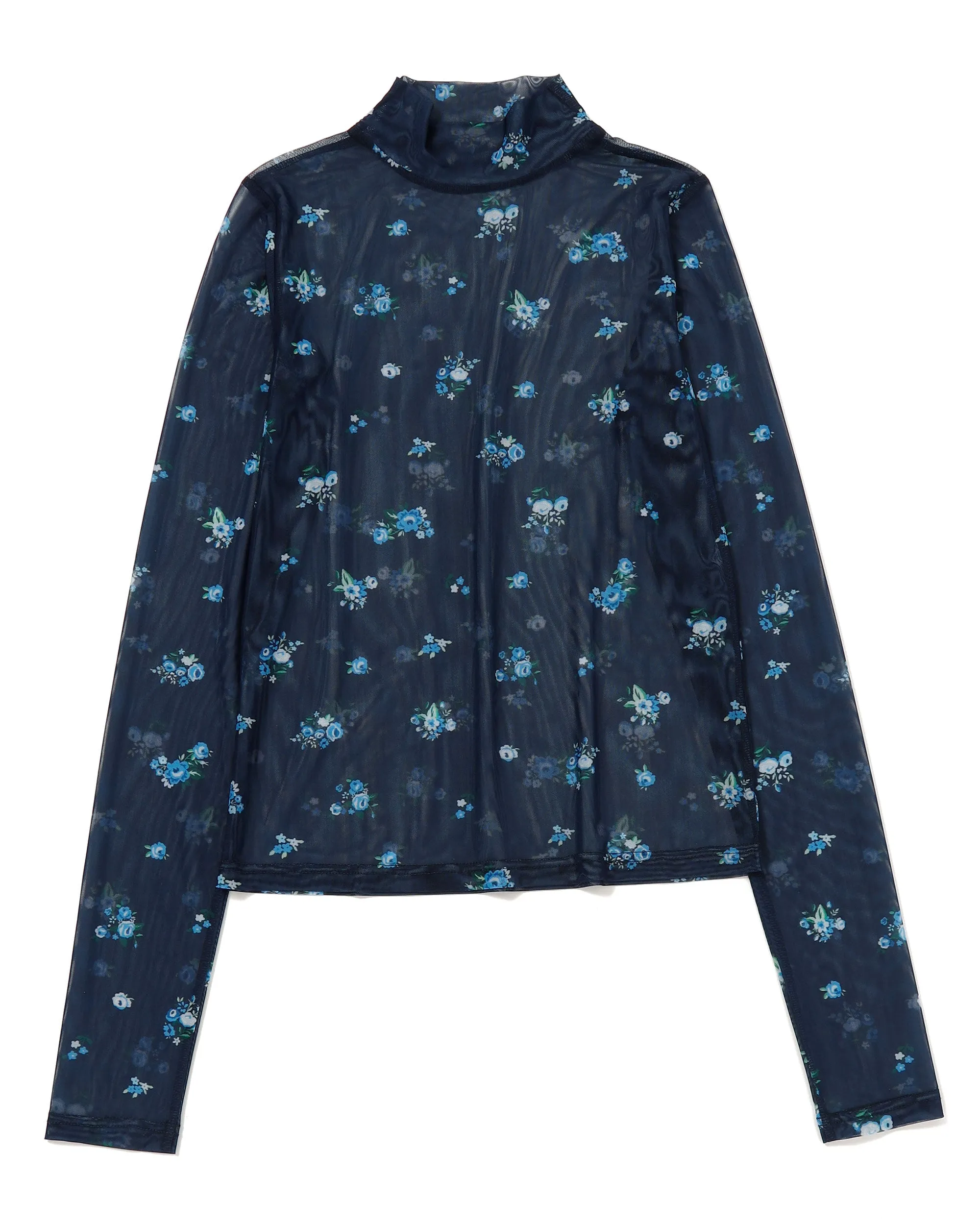 Navy floral pattern see-through tops (High neck)