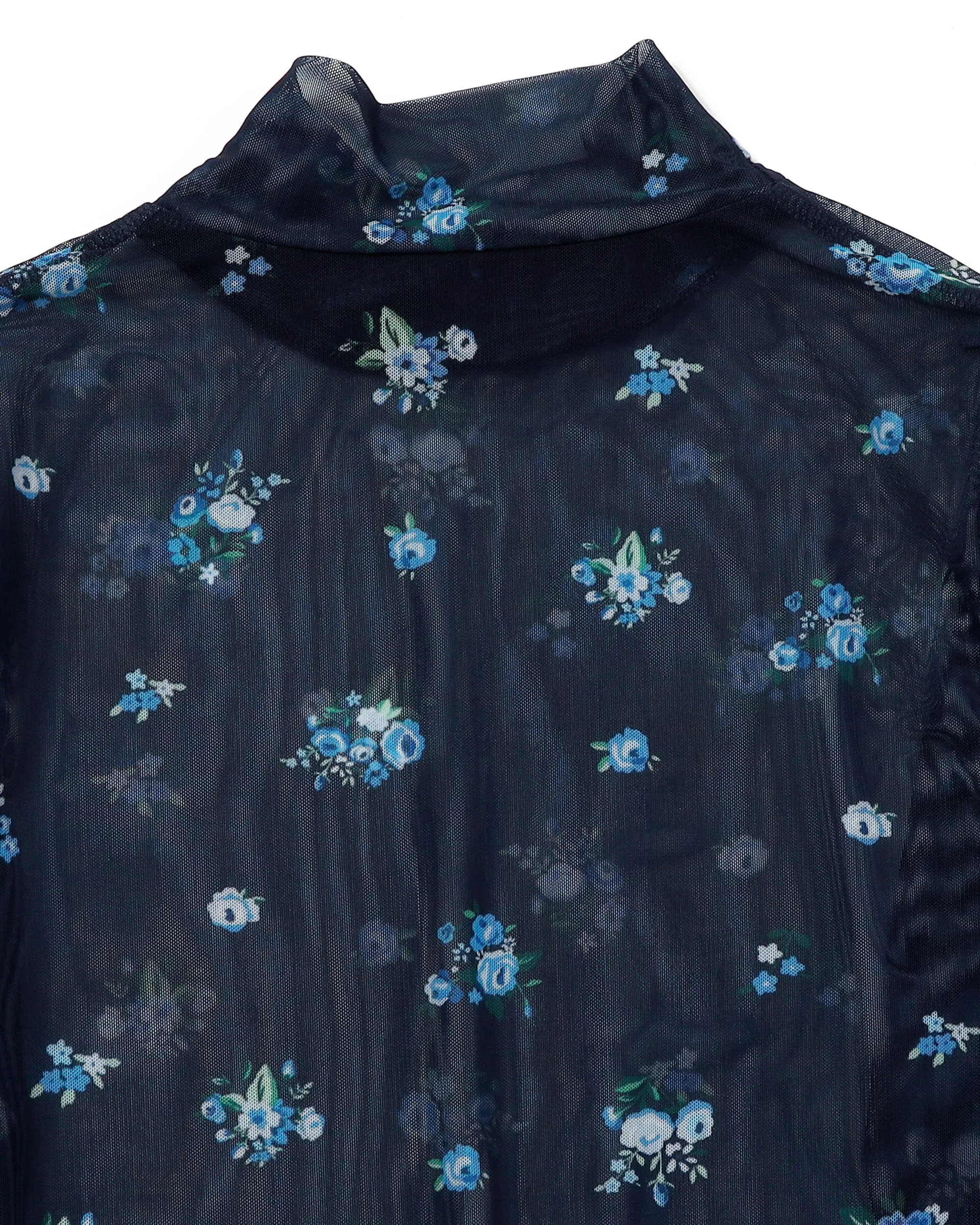 Navy floral pattern see-through tops (High neck)