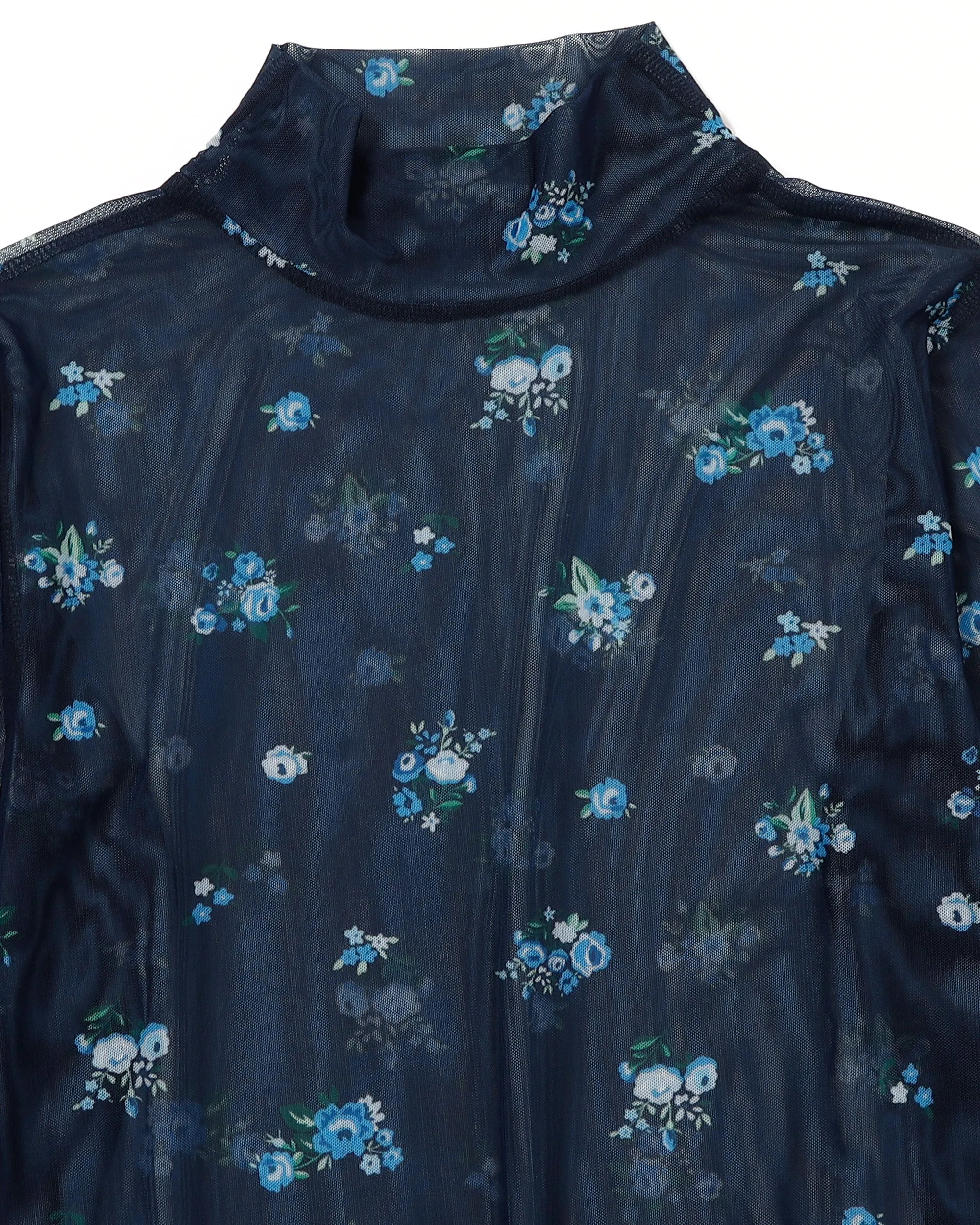 Navy floral pattern see-through tops (High neck)