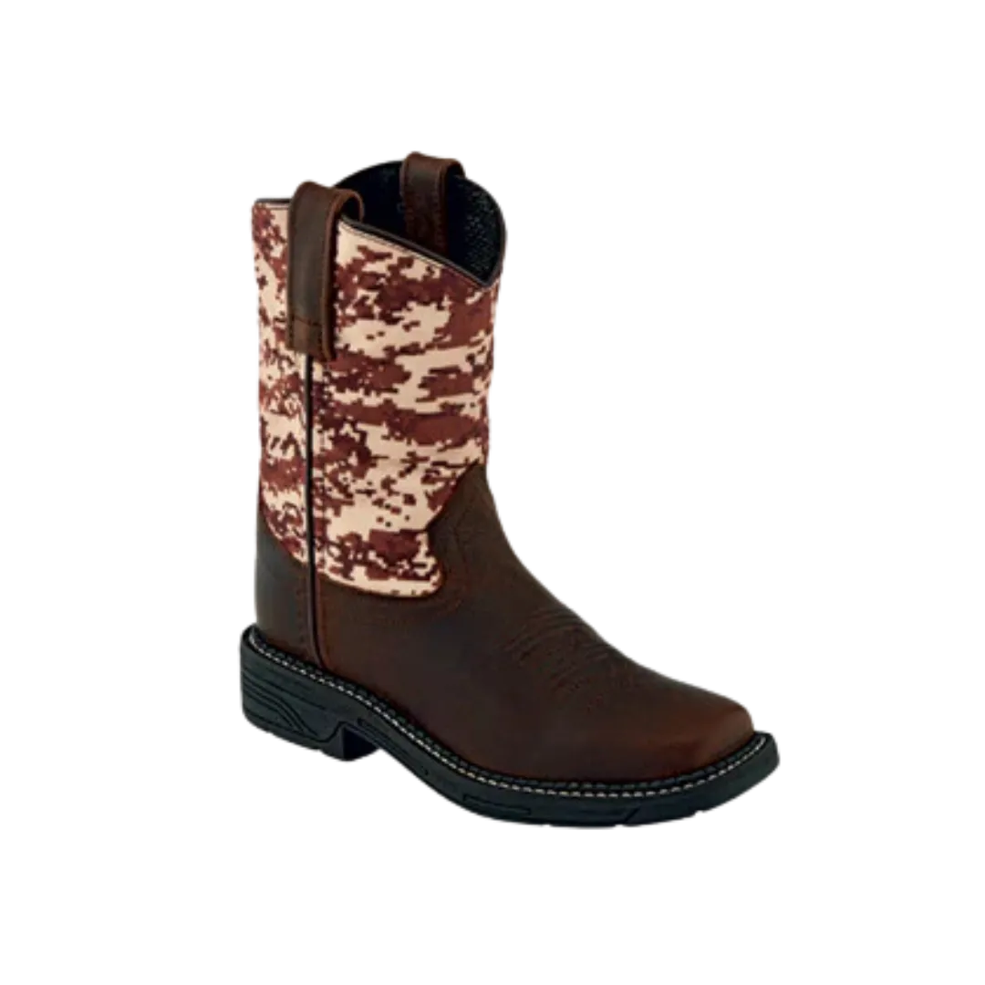 Old West Kids Digital Camo Work Dark Brown Boot.