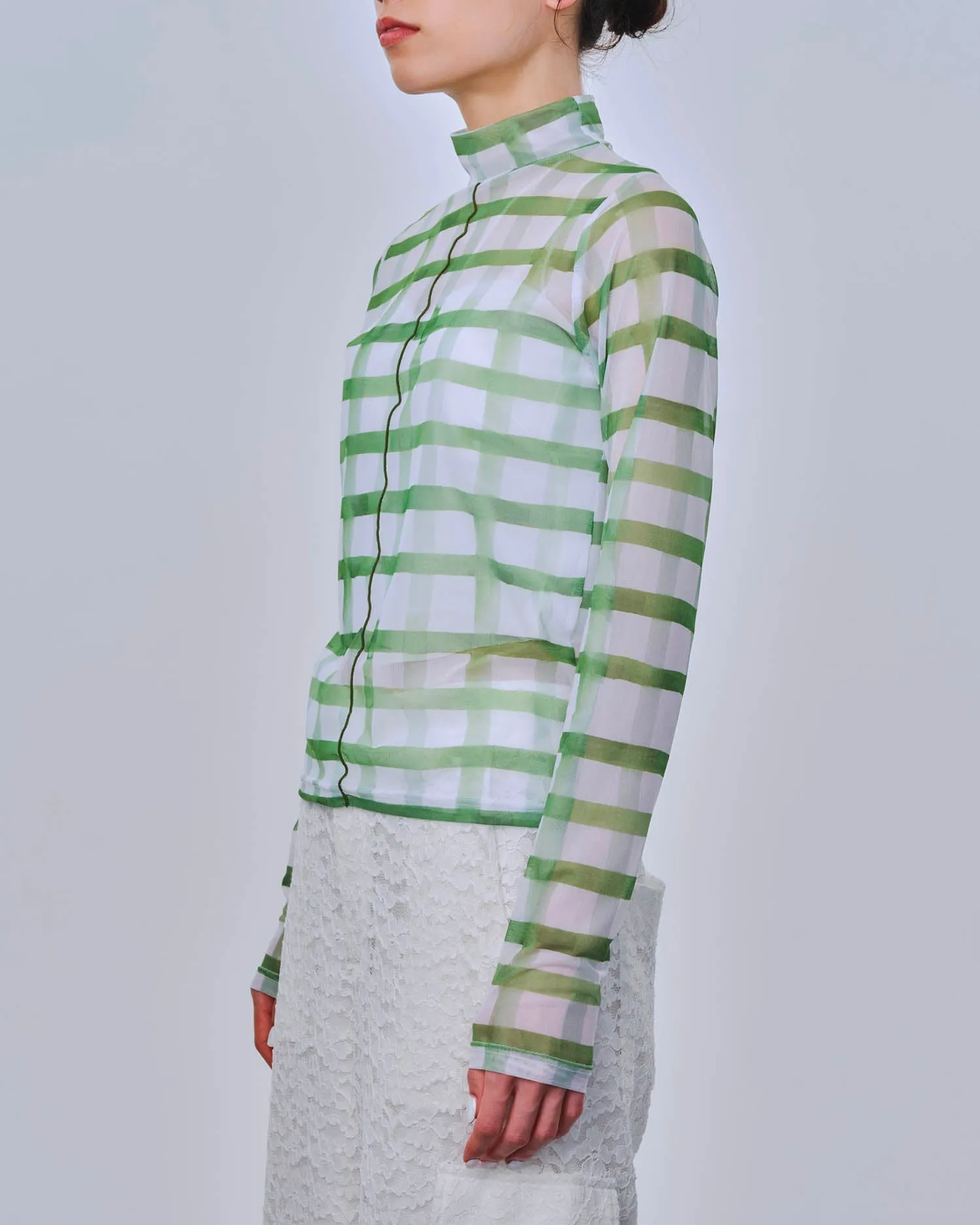 Rough check see-through tops Green (High neck)