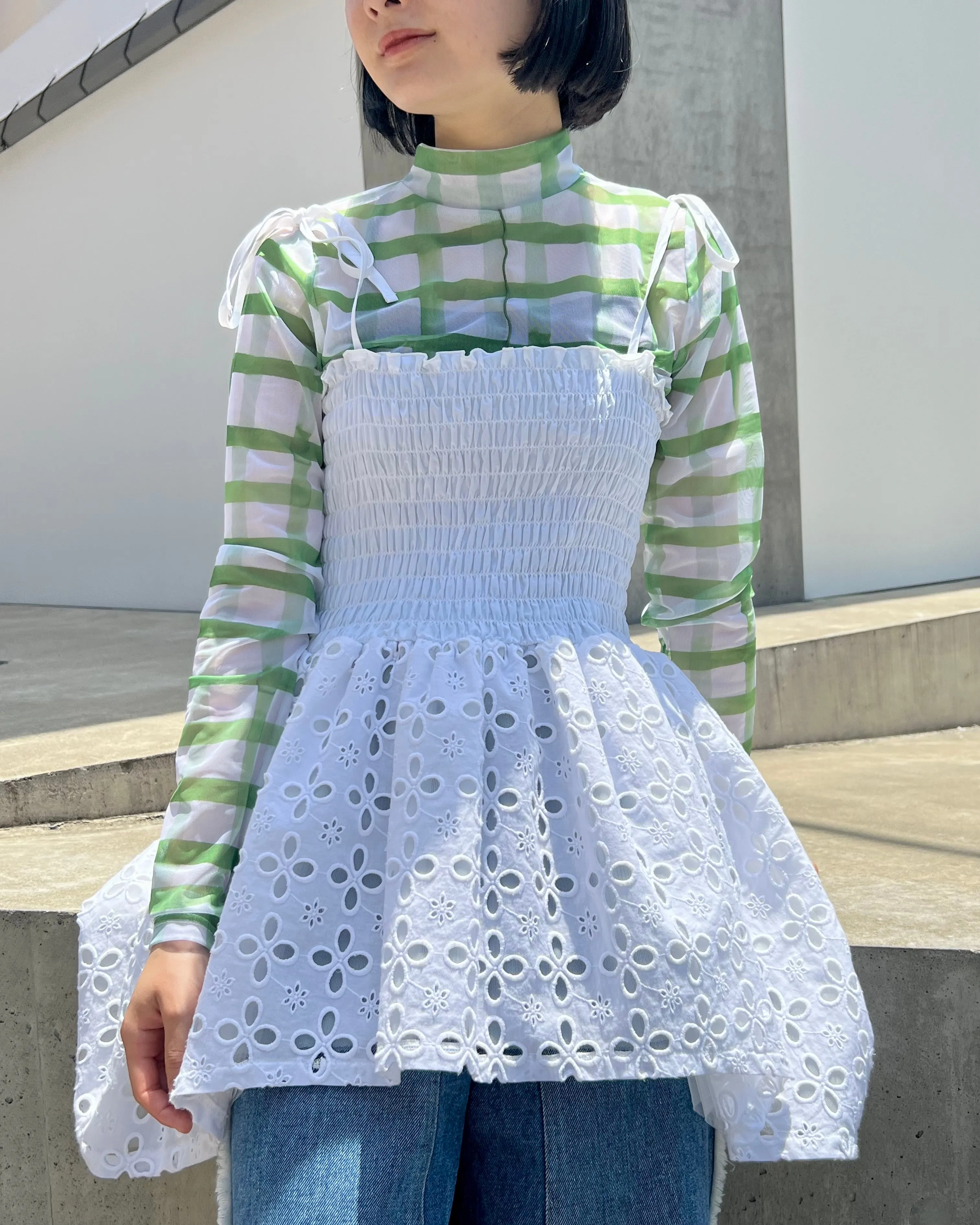 Rough check see-through tops Green (High neck)