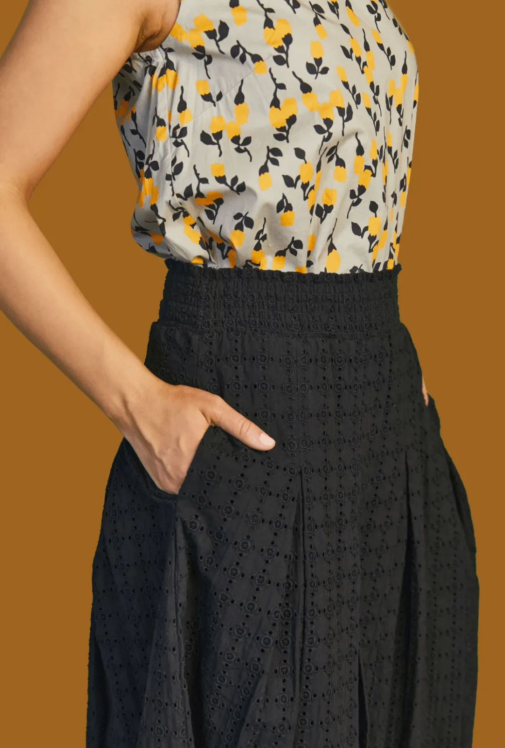 Smocked Waist MIDI Skirt - Black Eyelet