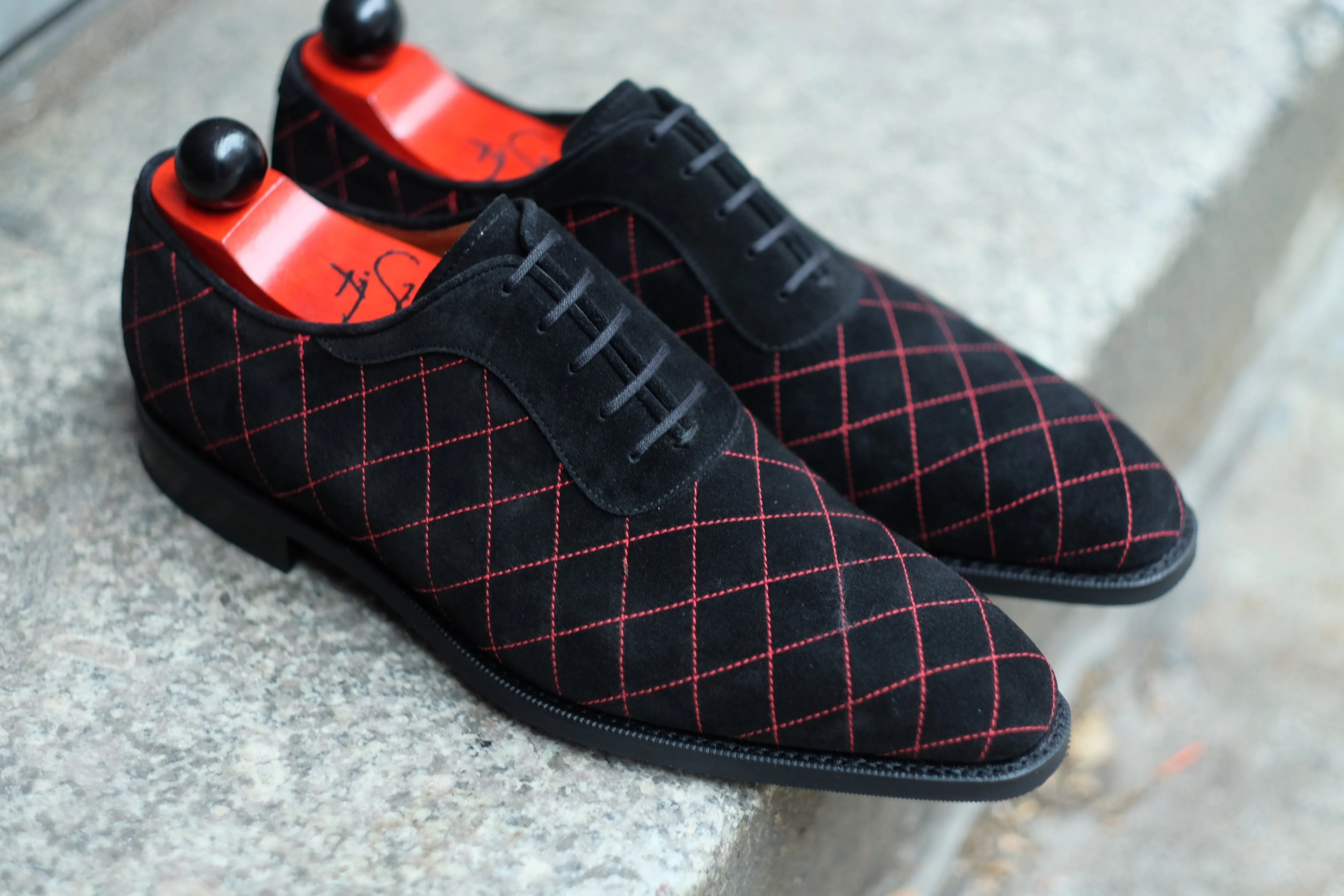 Spokane - MTO - Quilted Black Suede - Red Stitching - LPB Last - City Rubber Sole