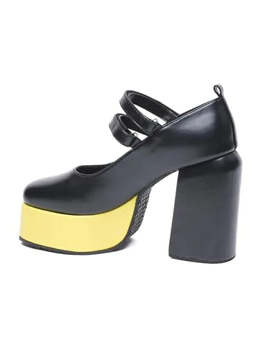 THE QUIRKY NAARI Black Mary Jane Platforms with A Hint of Sunny Yellow | Black | 4 UK