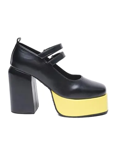 THE QUIRKY NAARI Black Mary Jane Platforms with A Hint of Sunny Yellow | Black | 4 UK