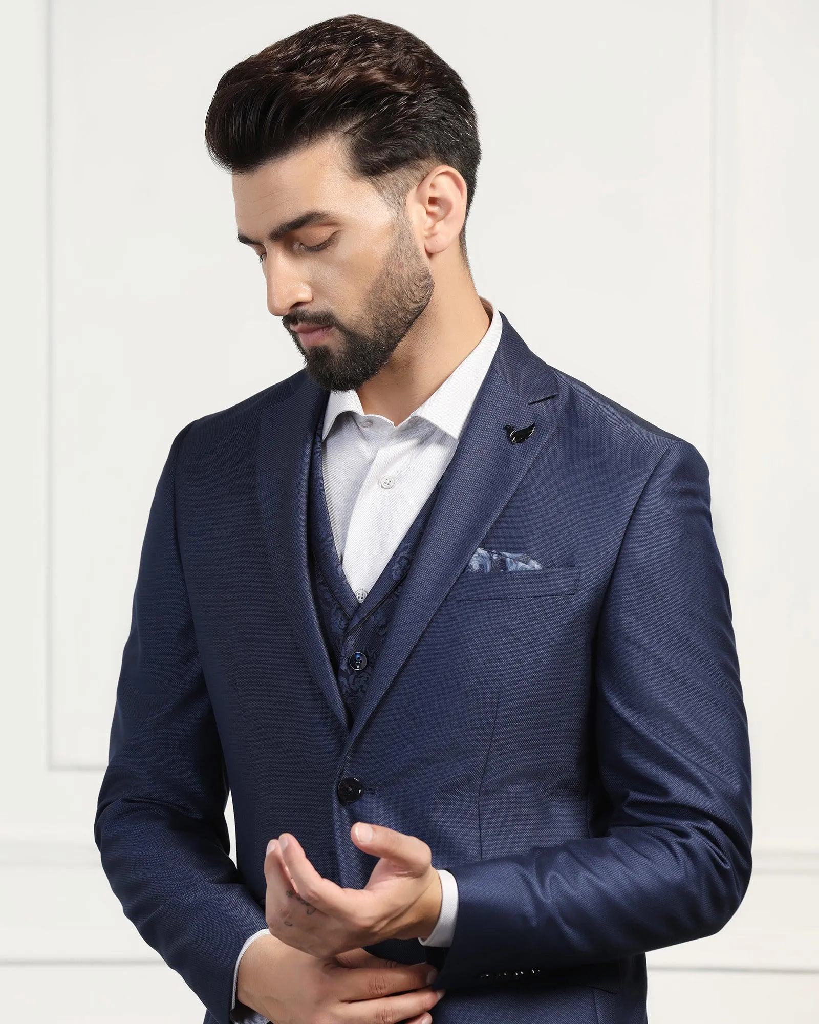 Three Piece Navy Textured Formal Suit - Norman