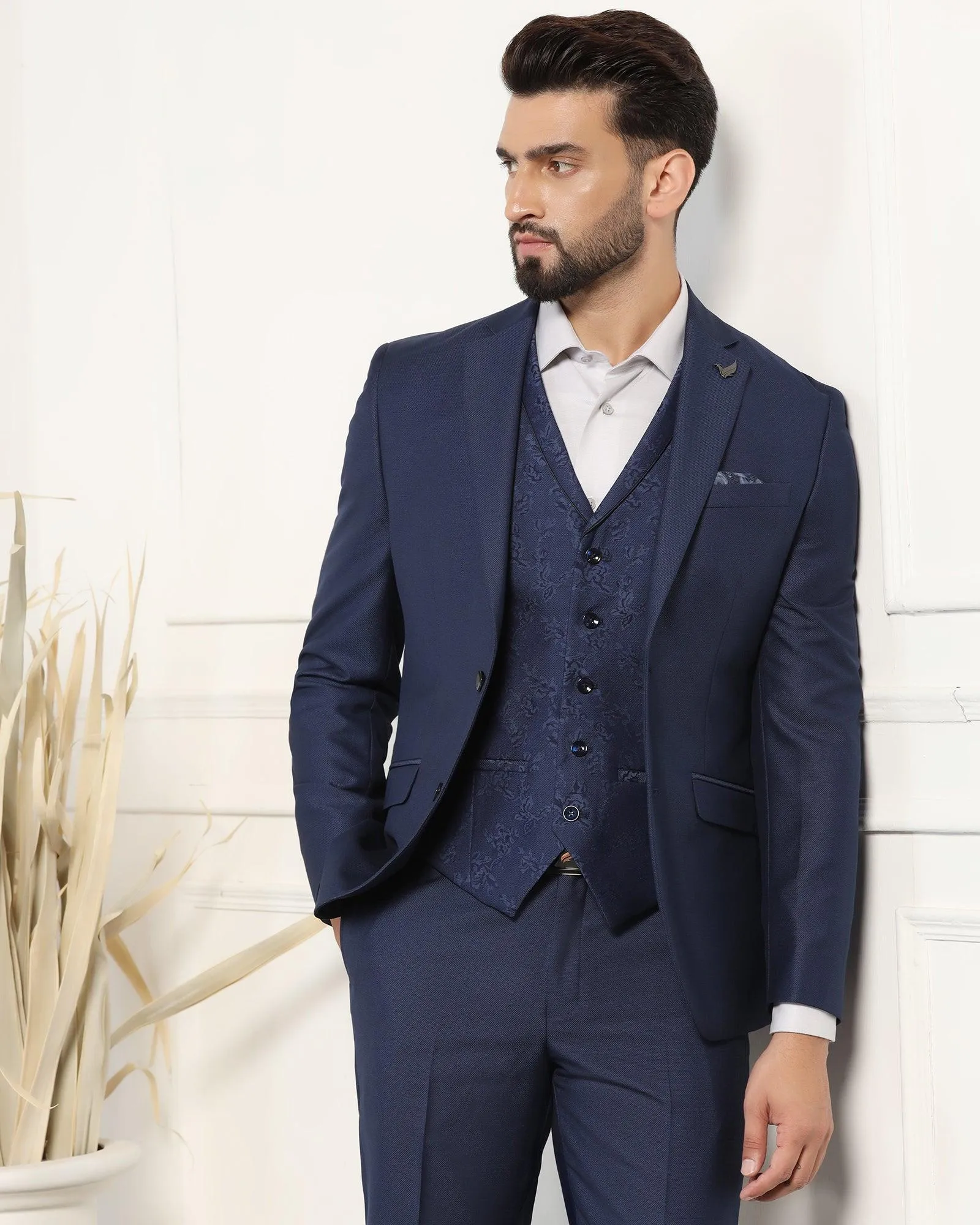 Three Piece Navy Textured Formal Suit - Norman