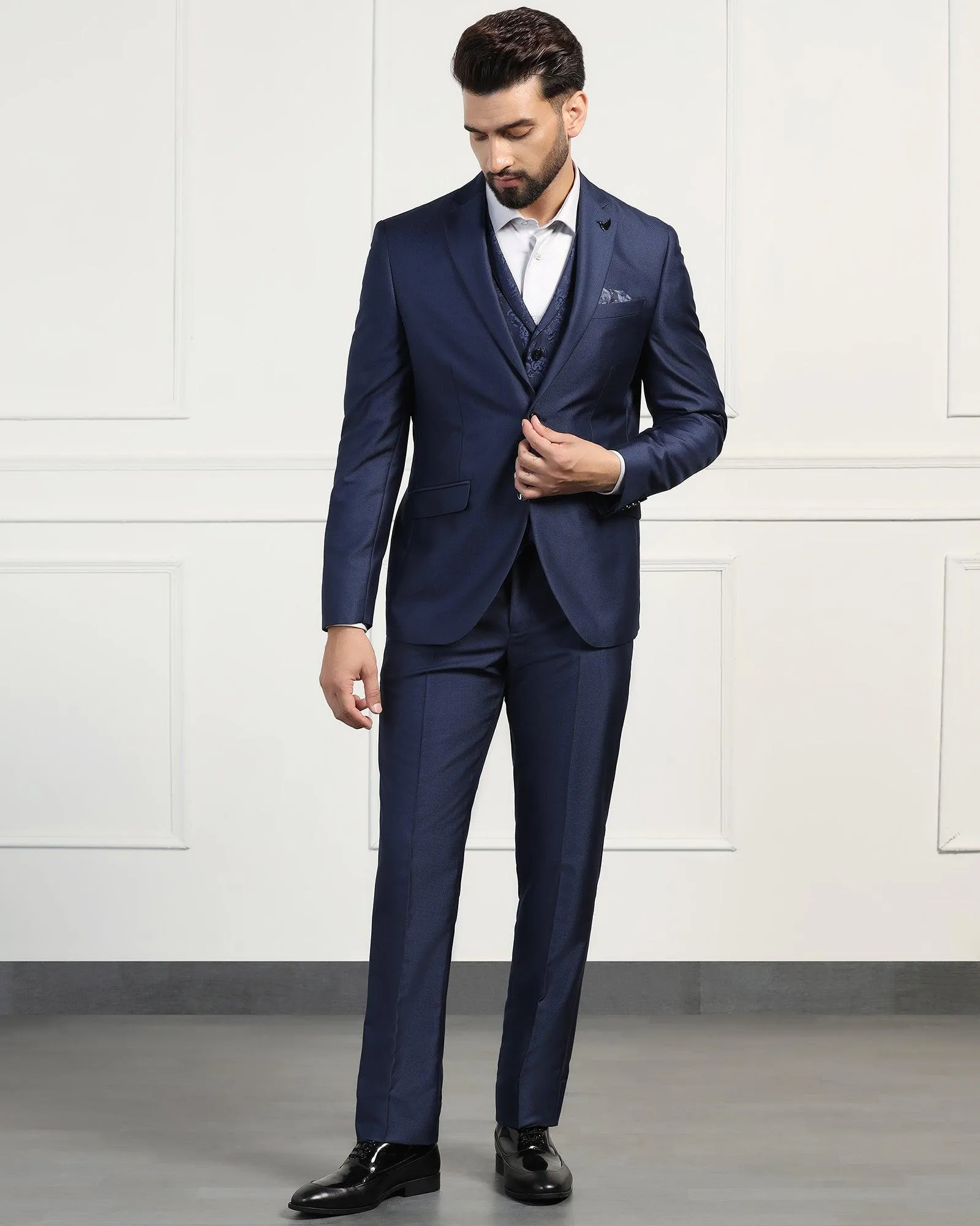 Three Piece Navy Textured Formal Suit - Norman