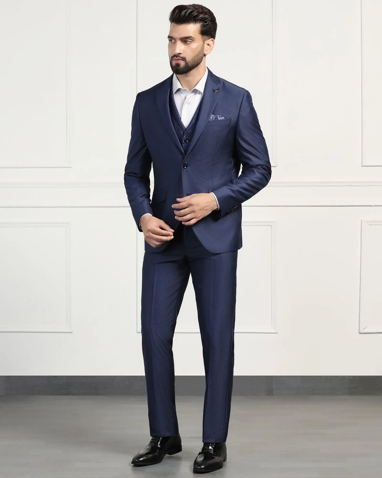 Three Piece Navy Textured Formal Suit - Norman