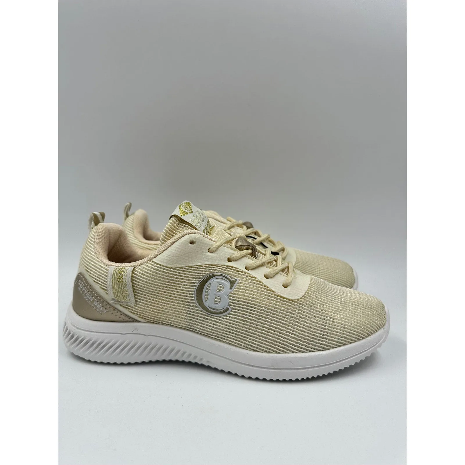 Women's Size 7, Beige Cotton Bland Sneakers with White Sole and Gold Accents