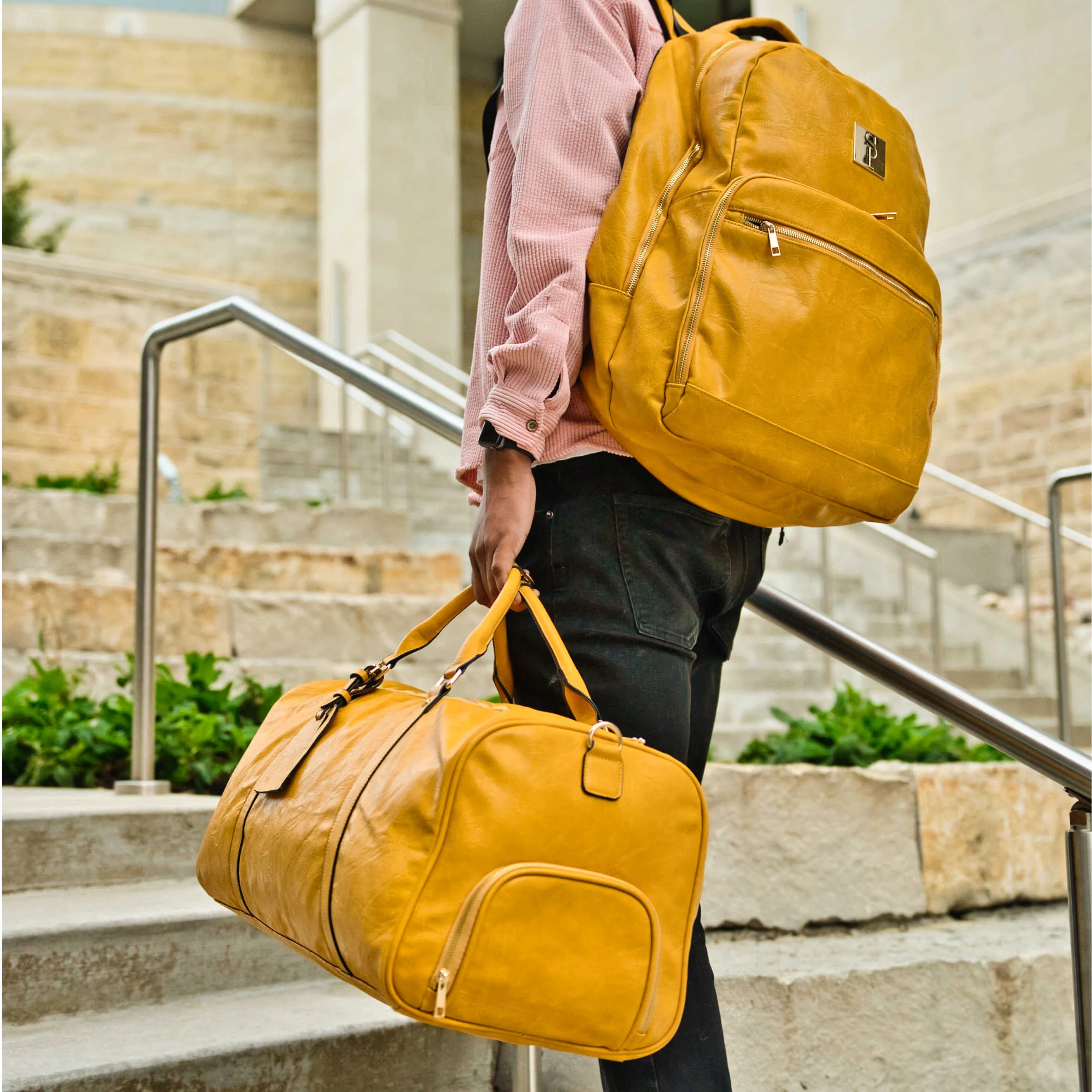 Yellow Tumbled Leather 2 Bag Set (Commuter and Duffle)