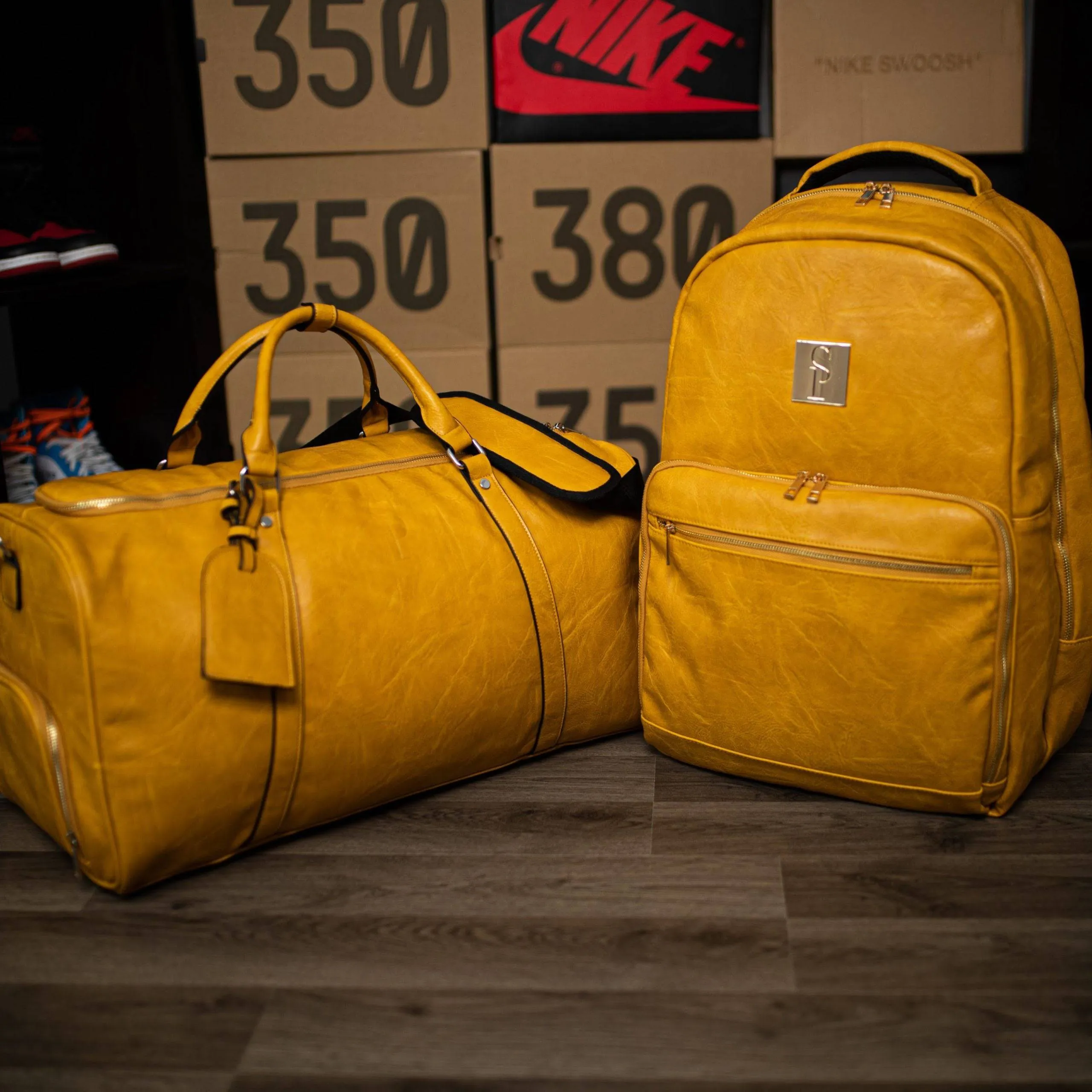 Yellow Tumbled Leather 2 Bag Set (Commuter and Duffle)